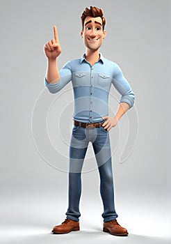 Cg Animation Style Man Wearing Shirt And Blue Jeans, Pointing Upwards With His Hand, On Gray Background