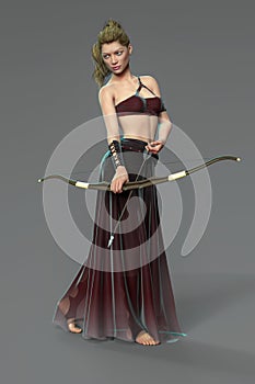 CG beautiful female archer warrior holding a bow and arrow