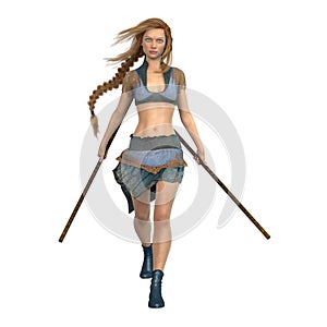 CG beautiful young fantasy female warrior holding two staff weapons and walking towards the camera, isolated
