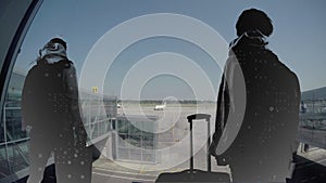 Cg. Collage of two silhouettes of young men with backpacks and suitcases on the background of the airport. Travel and