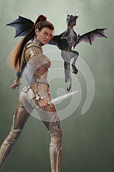 CG fantasy woman dragon keeper with her young hatchling dragon