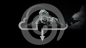 Cg footage with a symbol of a cloud information storage service filled with natural clouds on a black background. A