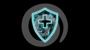 Cg footage on the topic of database protection. A glittering shield with a cross as the main symbol of protection and