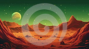 CG illustration of a Martian landscape, red alien planet background with mountains, rocks, and deep clefts on green