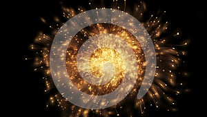 cg particle motion background golden explosure isolated on black cosmic dust shining star birth new life concept