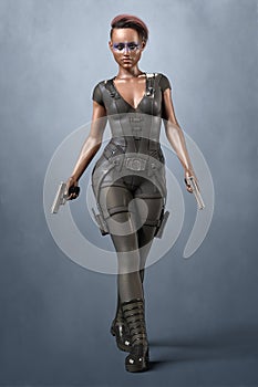 CG render of beautiful woman walking towards the camera holding two guns