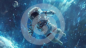 CGI Astronaut Floating In Outer Space amid the Stars and Moon Planets