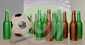 CGI 3D still life design of group of beer bottles , football and TV remote on table in front of big television LCD screen in