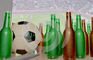 CGI 3D still life design of group of beer bottles , football and TV remote on table in front of big television LCD screen in