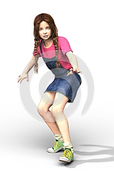 CGI female young teen or child ready to run isolated