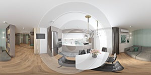 CGI panorama of the interior of the kitchen-living room in a modern style. 3D 360-degree rendering of a room in mint and