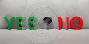 Cgi render image of the words yes and no with question mark