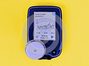 CGM Device for continuous glucose monitoring and white sensor. Daily graph on screen. Yellow background.