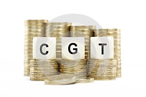 CGT (Capital Gains Tax) on Stacked Coins Isolated White Backgrou photo