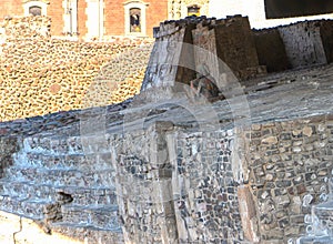 Chac mool on Tlaloc temple platform. God of rain. Fragment of Greater Temple Templo Mayor Detail of ancient aztec ruins. Travel photo
