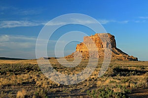 Chaco Culture National Historical Park with Fajada Butte and Desert Landscape at Sunrise, New Mexico, USA