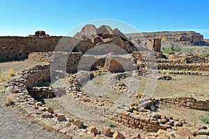 Chaco Culture National Historical Park with Pueblo del Arroyo Ruins in Canyon, Southwest Desert, New Mexico photo