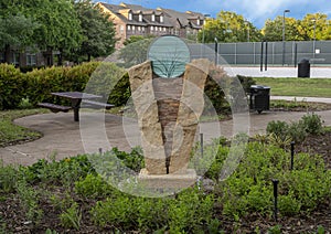 `Chacoan` by Greg Reiche, public art in Les Lac Linear Park in Addison, Texas.