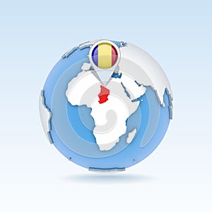 Chad - country map and flag located on globe, world map.