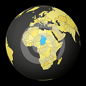 Chad on dark globe with yellow world map.