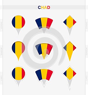 Chad flag, set of location pin icons of Chad flag