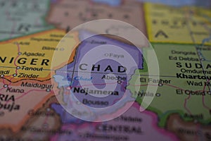 Chad Travel Concept Country Name On The Political World Map Very Macro Close-Up View