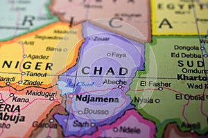 Chad Travel Concept Country Name On The Political World Map Very Macro Close-Up View