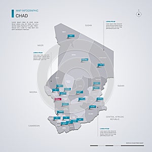 Chad vector map with infographic elements, pointer marks