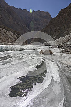 Chadar Trek - Trekking on the frozen Zanskar river. Adventure travel concept.