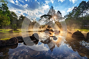 Chae Son Hot Spring National Park at sunrise in Lampang province, Thailand