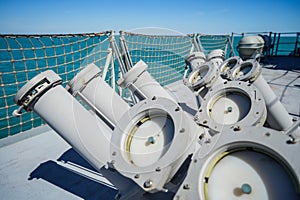 Chaff launcher is seen on the deck of a military ship