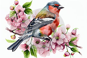 Chaffinch bird with pink apple tree flowers Watercolor Background