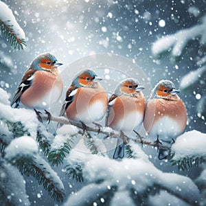 Chaffinches sit on snow covered beaches during cold spell