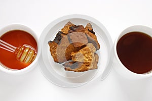 Chaga mushroom tea objects and ingredients