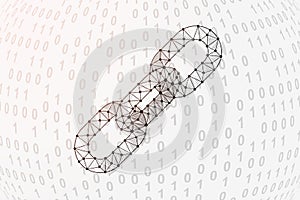 Chain 3d low poly symbol with binary code background. Chainlink design vector illustration. Blockchain polygonal symbol