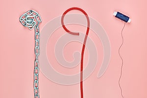 Chain, braided nylon rope and thread