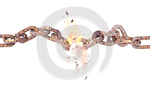 Chain break breaking fire and flames rusty isolated - 3d rendering