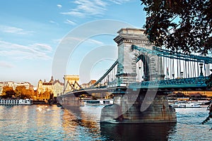 Chain Bridge in Budapest also known as Szechenyi lanchid connecting the Buda and Pest - the main Hungarian capital`s parts
