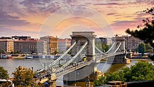 Chain bridge. Budapest, Hungary. Danube river sunset landscape.