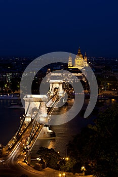 Chain Bridge and Cathedral Budapest Hungary night