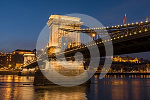 Chain Bridge and the Danube River at Night, Budapest, Hungary