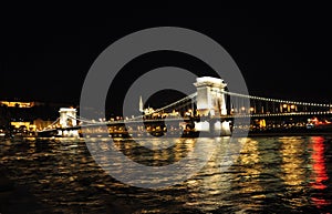 Chain Bridge and Danube River, night in Budapest.