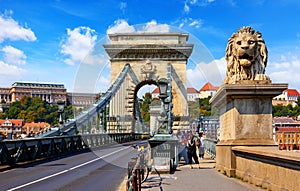 Chain bridge. Lion statue. Royal palace. Budapest, Hungary