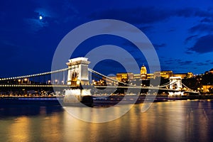 Chain bridge at night in Budapest, Hungary