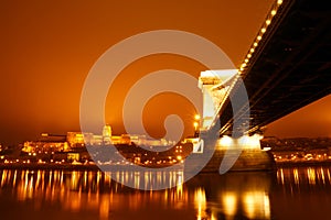 Chain bridge at night on the Danube River, Budapest, Hungary