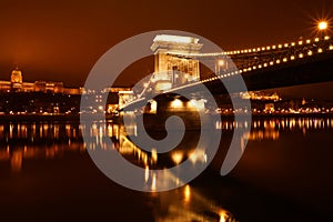 Chain bridge at night on the Danube River, Budapest, Hungary