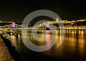 Chain bridge night view of Budapest, Hungary