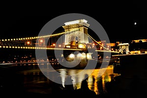 Chain Bridge over Danube river at night, Budapest, Hungary