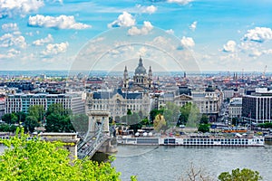 Chain Bridge over Danube river and St. Stephen`s Basilica, Budapest, Hungary