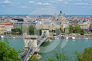 Chain Bridge over Danube river and St. Stephen`s Basilica, Budapest, Hungary